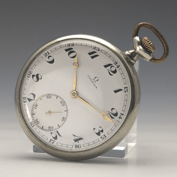 Around 1920 Antique Omega pocket watch silver plated open face with translation